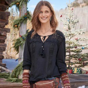 Sundance Women's Black Long-sleeve Cotton Lace Top Size L